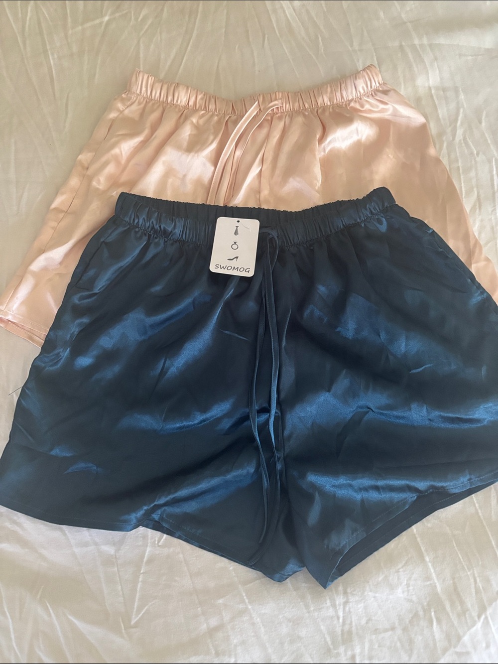 Satin Athletic Drawstring Shorts in Navy and Blush -